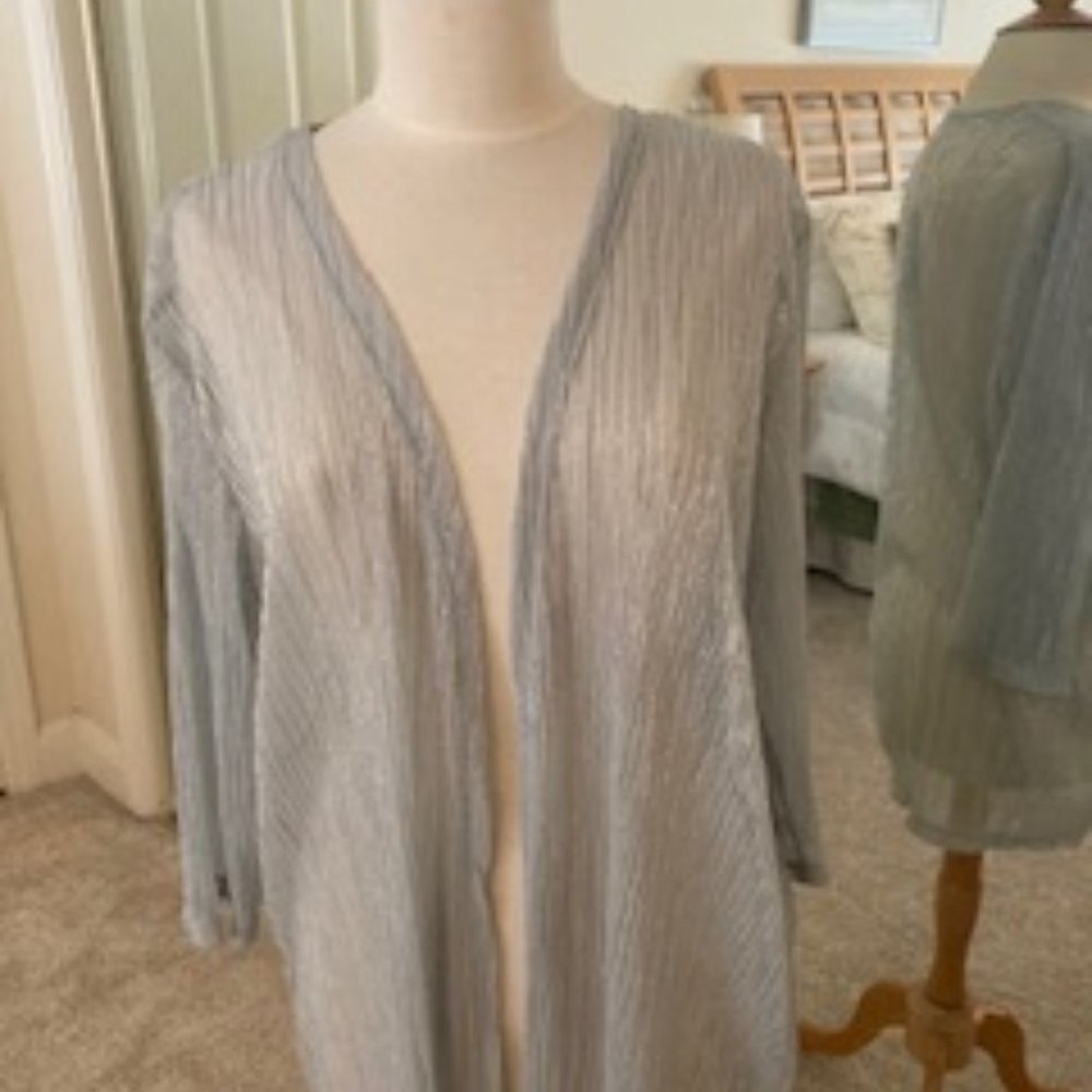 Chicos SHEER  Silver lightweight Jacket, size 2. Knee length.  Long sleeve